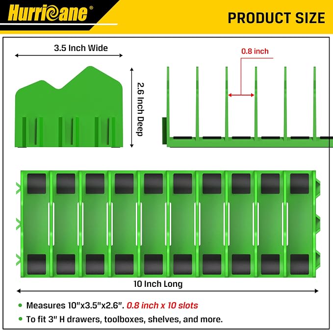 HURRICANE Plier Organizer Rack, 10-Slot Pliers Rack with Non-Slip Rubber Base, Tool Organizer, Tool Drawer Toolbox Storage, Green, Extendable Design, Fit 3” H, 1 Pack