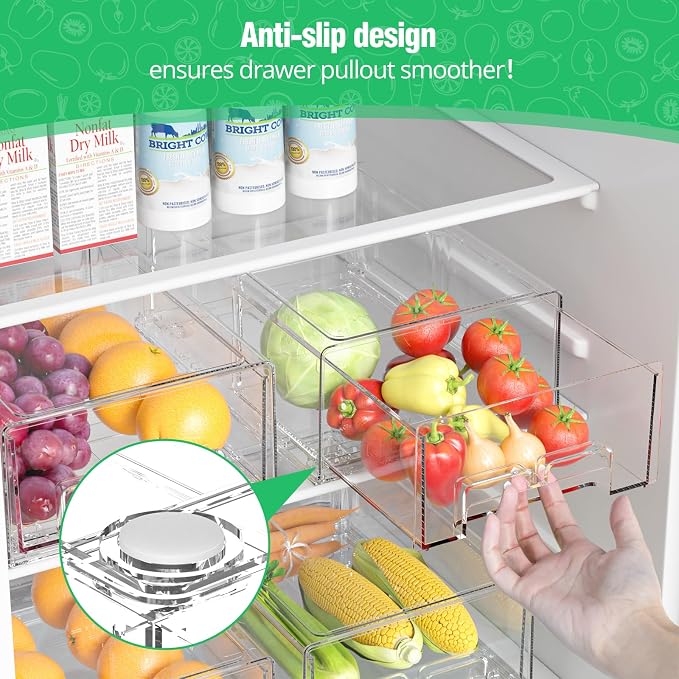 damynuo 2 Pack Refrigerator Drawers - Fridge Organizer Bins Stackable Storage Drawers, Clear Refrigerator Organizing Containers Pull Out Drawer for Fruit, Vegetable Storage and Keep Fresh