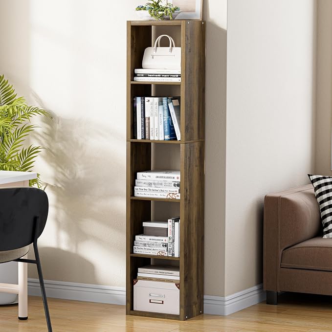 VDNEND Tall Cube Storage Organizer Bookcase, 5 Tier 11 inch Open Back Cubical Shelf with Thickened Border, Display Bookshelf for Living Room, Home Office, Sturdy Room (Brown, 5 Cube,Vertical)