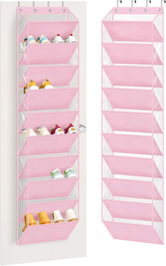 AOODA 10 Tier Clear Over the Door Shoe Organizer Storage, Deep Pockets Large Hanging Shoe Rack for Closet Door, Fit 20 Pairs Shoe Holder Hanger for Sneakers, Boots (Pink)