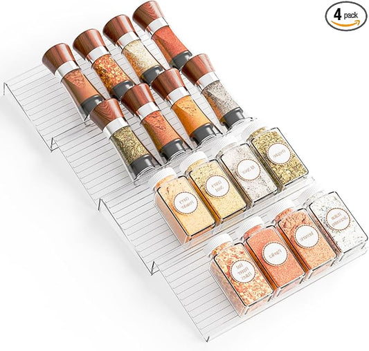 4 Pack Adjustable Narrow In Drawer Spice Organizer - Expandable From 9'' to 17.7'' - Acrylic Drawer Seasoning Organizer,Clear Spice Drawer Insert Tray for Drawers Condiment,Jar Organization
