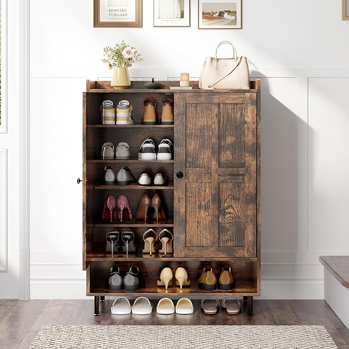 ONBRILL Shoe Storage Cabinet with Cross Molding Doors, 6-Tier Shoe Cabinet with 3 Adjustable Shelves and Metal Legs, 45 Inch Tall Shoes Rack Organizer for Entryway, Front Door, Rustic Brown