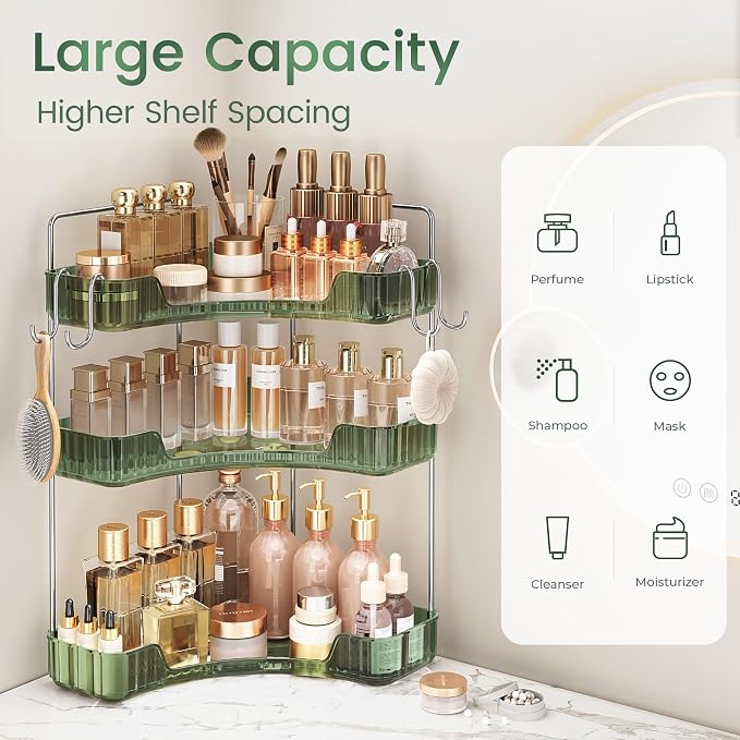 3-Tier Green Corner Organizer, PET Counter Storage with Hooks | Multi-Surface Organizer for Bathroom Vanity & Kitchen Countertop