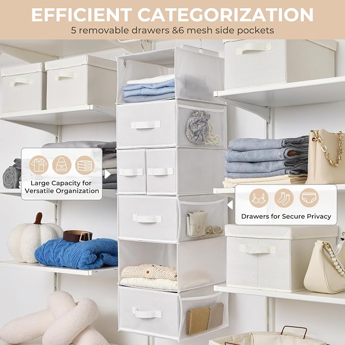 GRANNY SAYS Hanging Closet Organizer and Storage, 6 Shelf Clothes Organization with Drawers, 6 Side Pockets Closet Hanging Shelves for Bras, Socks, Underwear, Nursery Room, Wardrobe, White, 1-Pack