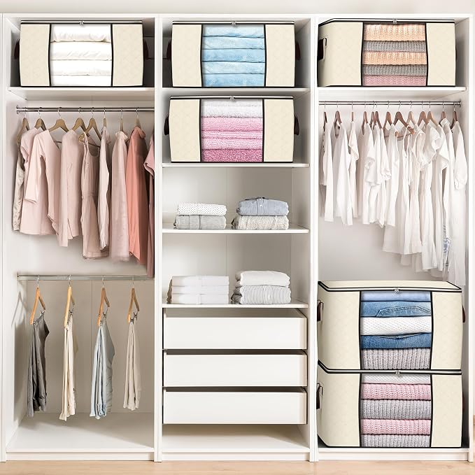 90L Large Storage Bags, 6 Pack Clothes Storage Bins Closet Organizers | Foldable Storage Containers, with Reinforced Handle, for Clothing, Blanket, Comforters, Bed Sheets, Pillows and Toys,Beige