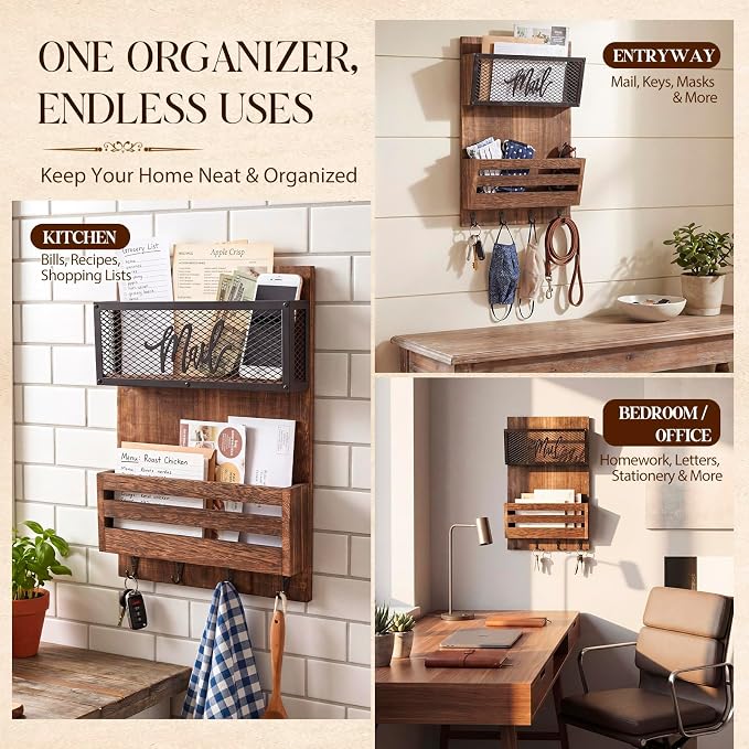 Yalikop Mail Organizer Wall Mount with Key Hooks, 2-Slot Wood Mail and Key Holder, Rustic Farmhouse Wall File for Entryway, Letter and Bill Sorter Organizer for Files, Keys and Magazines