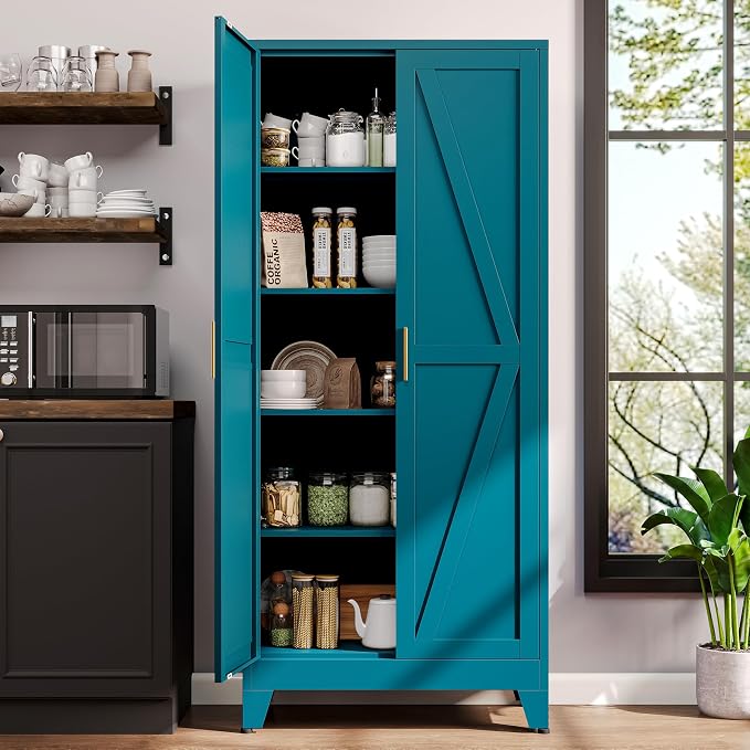 71" H Blue Metal Pantry Cabinet with Doors,Freestanding Kitchen Pantry Cabinet,Farmhouse Food Storage Cabinets,Tall and Large Pantry Cabinets for Kitchen, Dining Room, Living Room