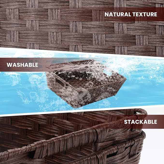 Large 2-Pack Plastic Wicker Storage Baskets, 17"x13"x5.5", Brown | onlytak woven bins for laundry, closet, living room, shelf organization, and even a cat bed – perfect home storage decor.