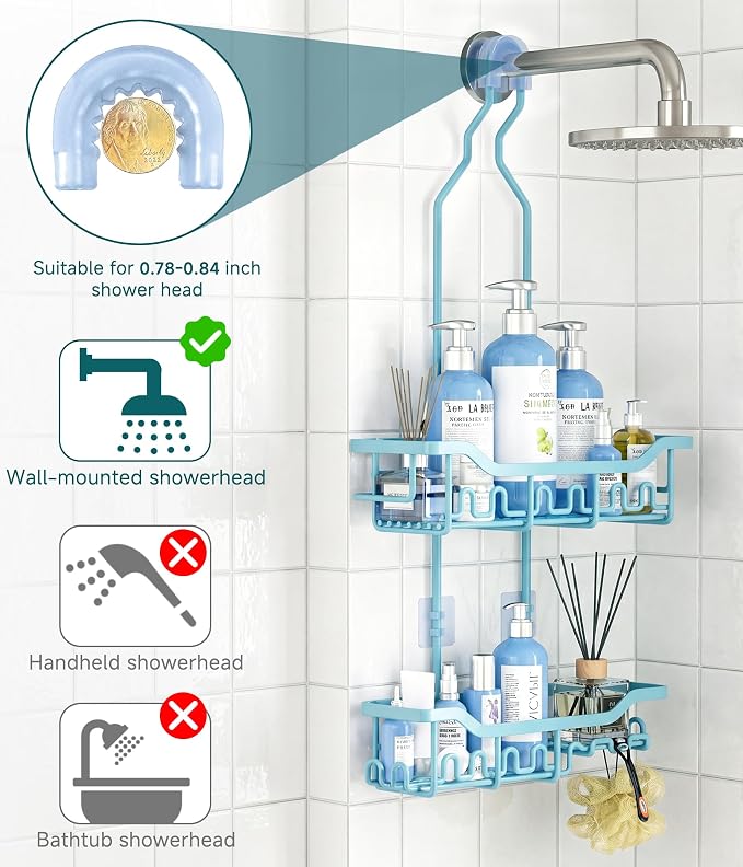 Upgraded Extended Length Shower Organizer with Hooks, Rustproof Shampoo Soap Holder, Large Hanging Bathroom Caddy, Blue