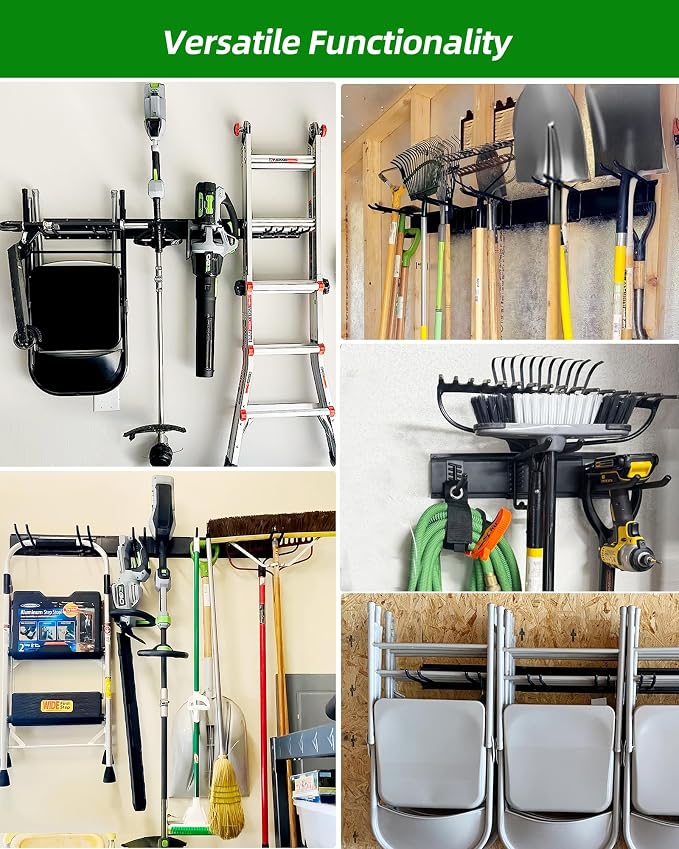 PIYILO 64 in Garage Tool Organizer Wall Mount, Adjustable Tool Storage Rack | Heavy-duty 510 LBS, 10 Hooks in 4 Types, Wear & Tear Resistant, Soft Anti-Scratch Hook Sleeves, For Yard Tools, Shovels, Shed