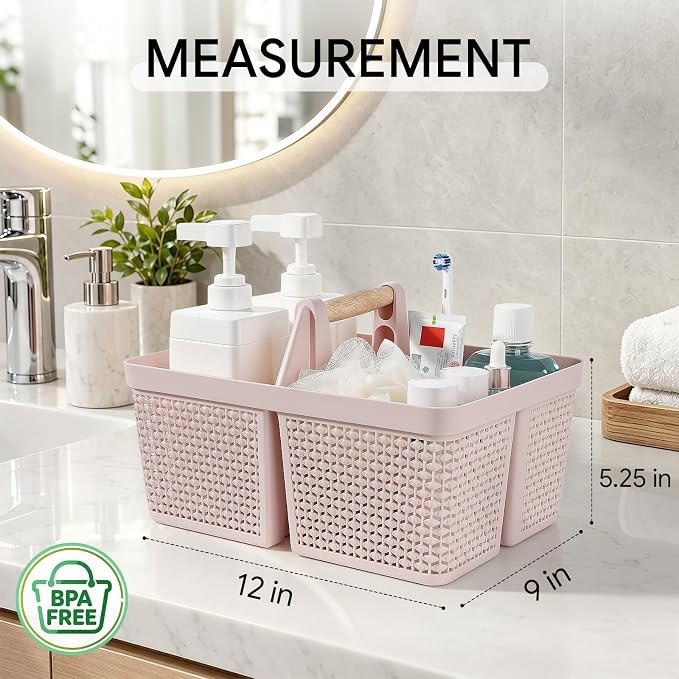 UUJOLY Portable Plastic Shower Caddy Basket with Wooden Handle, Pink | Divided Storage Organizer Tote for Bathroom, Dorm, College, Kitchen & RV – Lightweight, Easy-Carry Essentials Caddy