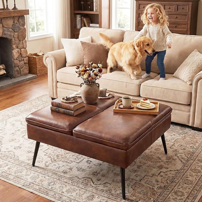 Square Ottoman with Storage Coffee Table Large Upholstered Navy | Mid-Century Modern Ottoman w/ Double Flip-Lid Metal Legs Padded Seat for Living Room Bedroom, Velvet, Loads 660 lbs