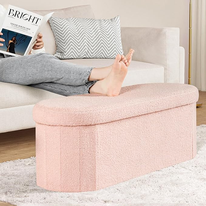 PINPLUS Storage Ottoman Bench Tufted Oval Ottomans for Living Room Foot Rest, Chest Box Velvet Bench with Storage, Pink 43"x15"x15" (Pink)