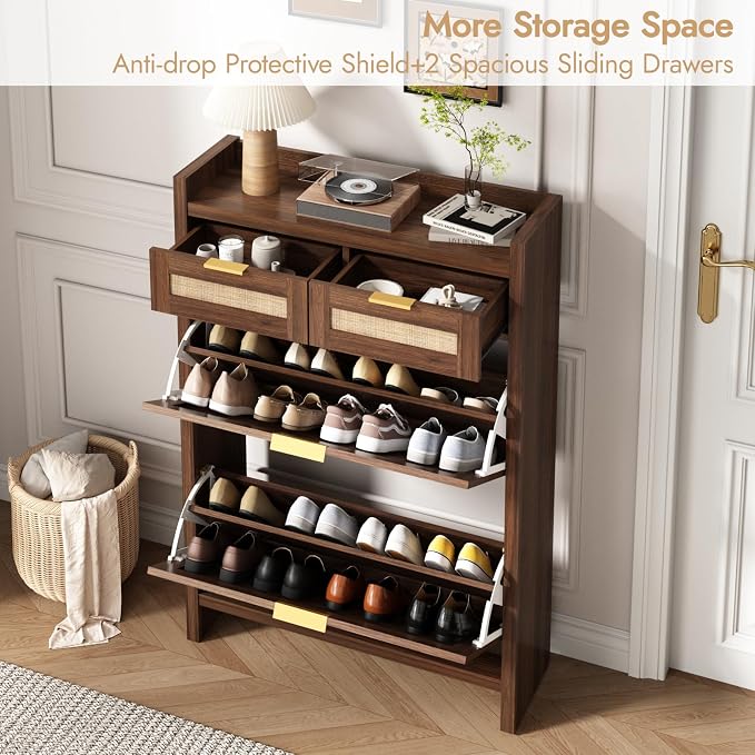 HOKYHOKY Rattan Shoe Storage Cabinet with 2 Drawers & 2 Flip Drawers | Hidden Slim Shoe Organizer, Farmhouse Boho Narrow Shoe Rack, Large Tabletop Space, Entryway, Walnut