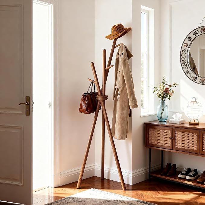 VICITON Wooden Coat Rack, Tripod Coat Tree Freestanding with 3 Hooks for Clothes, Hats and Handbags, Coat Hanger Stand for Bedroom, Living Room, Entryway (Dark)