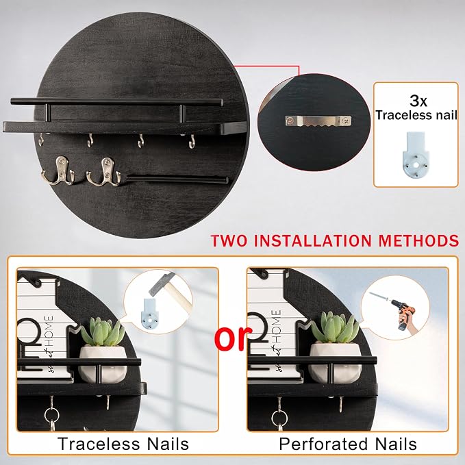 dreampossible Key Holder for Wall Decorative with Shelf and Hooks, Mail Organizer Wall Mount, Circular Design Entryway Key Rack Hanger, Rustic Home Decor (Black)