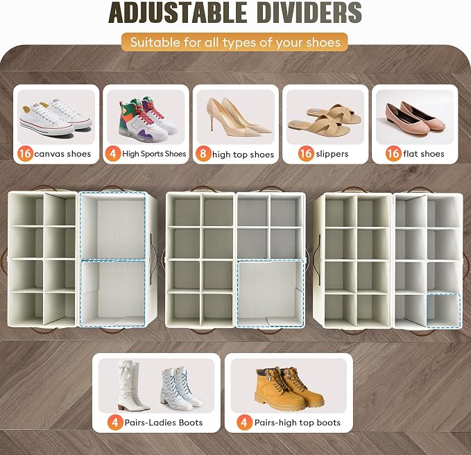 2 Pack Shoe Organizer for Closet, Foldable Shoe Storage with Adjustable | Farbic shoe storage organizer box bin with clear cover, fits up to 16 pairs, shoe storage box for closet, entryway, yellow
