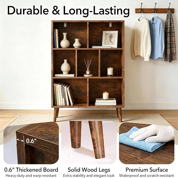 HealSmart 7 Cube Storage Organizer, 3 Tier Bookshelf with Legs, Free Standing Cube Bookcase for Living Room, Bedroom, Office, Brown