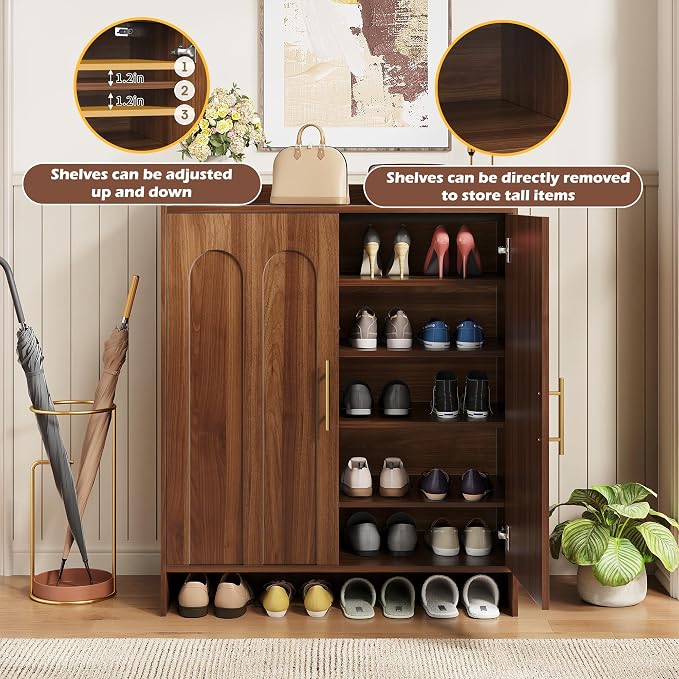 Maupvit 38.39" Tall Modern Shoe Cabinet, Entryway Storage Cabinet with Arched Doors & Gold Handles, Wood Shoe Organizer with Shelves, Freestanding Shoe Rack for Hallway, Living Room, Walnut