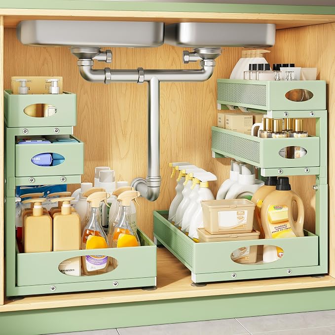 Kitstorack Under Sink Organizer 3-Tier Slide Out Drawer 2-Pack Green | Height Adjustable, Metal Mesh Storage Rack, Pull out Cabinet Organizer Shelf for Bathroom Kitchen Pantry Home Organization