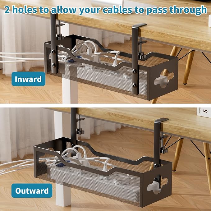 Litwaro Under Desk Cable Management Tray 2 Pack, No Drill, Organizer with Clamp Easy to Install for Standing Cord Organizer, Wire Damage Desk, Black, 13.38''-2 pack