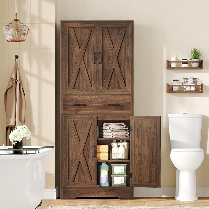 TEENFON Tall Storage Cabinet with 2 Adjustable Shelves & 1 Large Drawer, Kitchen Pantry Cabinet with 4 Doors, Bathroom Storage Cabinets, for Living Room, Kitchen, Bathroom, Walnut