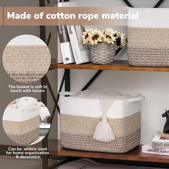 Goodpick Woven Storage Basket for Shelves, 13" x 10" x 9", Gradient Brown | Rectangle Design, Books, Dog Toys & Towels Storage, Shelf & Closet Organization, Reinforced Handles, Stylish Home Decor