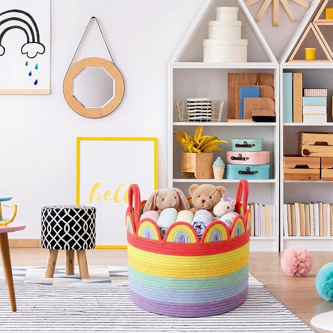 LemonRoad Bright Rainbow Round Basket Large Blanket Basket 16" X 14" Scalloped Woven Baskets Cotton Storage Baskets for Nursery Classroom Closet Blankets Storage Home Decor