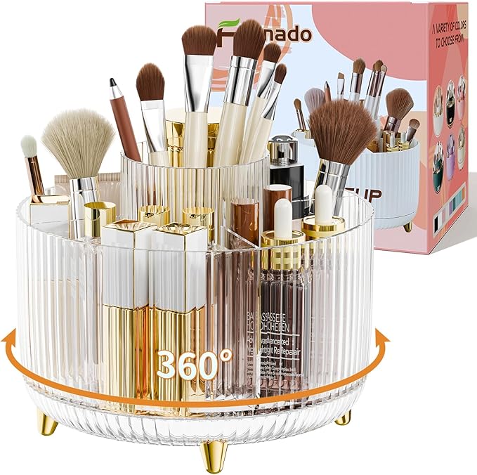 fanado 360° Rotate Makeup Brush Holder Organizer, Makeup Organizers Countertop, Makeup organization and Skincare Storage for Vanity, Desktop, Bathroom (Clear)