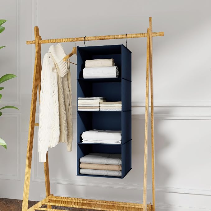 Hanging Closet Organizer 4-Shelf, Oxford Fabric Wardrobe Storage, Navy Blue | Easy-mount foldable design holds clothes, handbags, shoes & accessories; washable Oxford fabric, sturdy and space-saving.