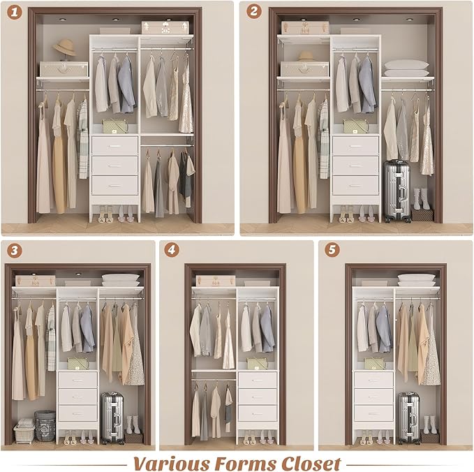 Besiost 4FT Small Closet System with 3 Fabric Drawers, 48'' Closet Organizer System With 3 Adjustable Shelves, Flexible Built-In Clothes Garment Rack for Small Space, 48" L x 13" W x 71" H, White