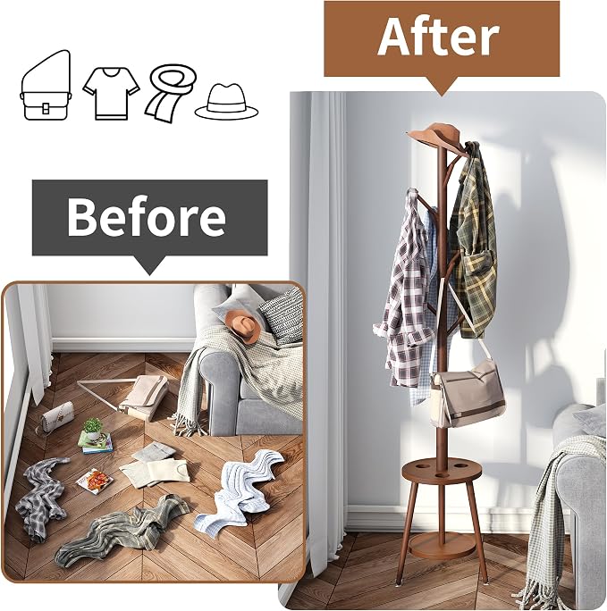 Freestanding Coat Rack with Umbrella Organizer Tray Bamboo Coat Tree Rack with 8 Hook Stand for Clothes Bag Hats Entryway Hanger Stand(Brown)