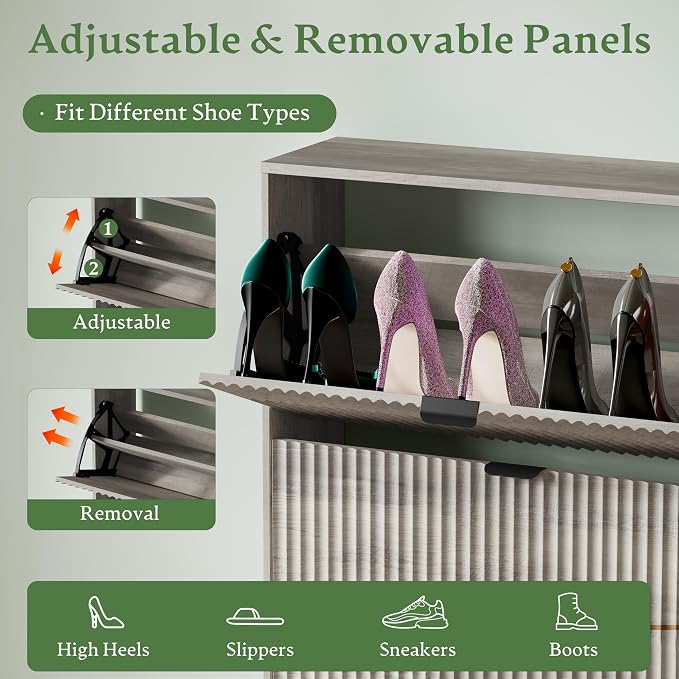 Xixini Shoe Storage Cabinet for Entryway with 2 Flip Drawers, Hidden Slim Wood Shoe Organizer with Modern Fluted Panel, Freestanding Narrow Shoe Rack for Front Door Entrance, Hallway, Foyer, Grey