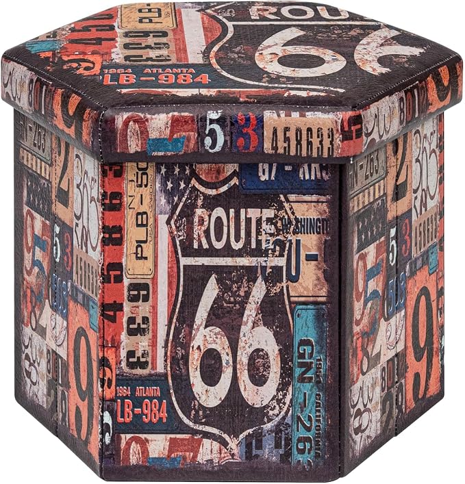 B FSOBEIIALEO Route 66 Storage Ottoman Hexagonal, Faux Leather Foot Rest Seat for Living Room, Storage Organizer 16.93"x15"x15"