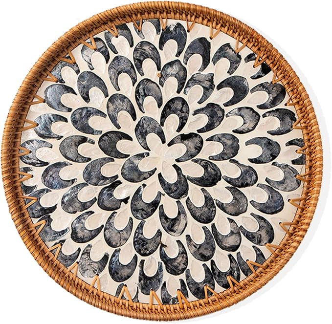 Round Rattan Tray with Mother of Pearl Inlay, Wooden Base | Coffee Table Serving Tray, Home Decorative Wicker Woven, for Outoor Patio Decor