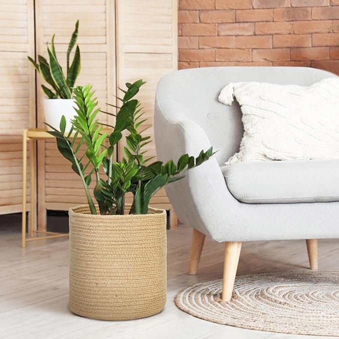 MEGASKET Woven Jute Plant Basket, Wicker Basket Planter for 11 inch Pot, Round Indoor Tree Pot Cover, Small Boho Storage Bin Organizer, Rustic Planter and Home Decor, 12.5” x 12.5”