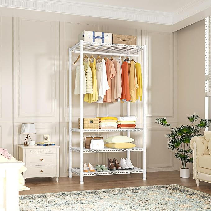 Ulif H2 Heavy-Duty Portable Closets, 4-Tier Freestanding Garment Rack Suit for Small Space and Corner, Closet Organizer System Portable Closet Wardrobe, Max Load 500 LBS, White | Metal Closet System for Hanging Clothes with Shelves and Hangers, Clothin...