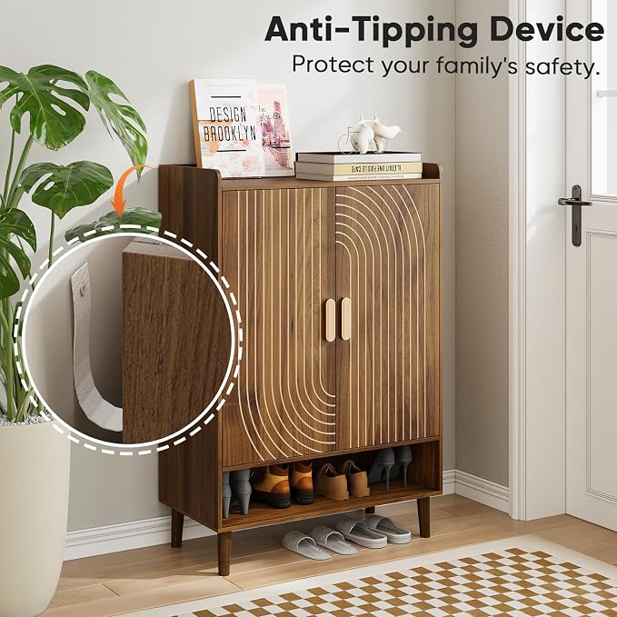 Smuxee Walnut Shoe Cabinet with Line Groove Design, 6-Tier Shoe Storage Cabinet with Adjustable Shelves, Freestanding Shoe Organizer Cabinet for Entryway, Hallway, Closet, Living Room