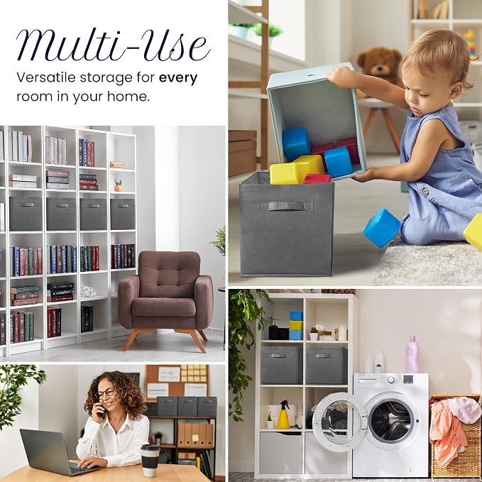 Reli. Storage Cubes (4 Pack) | Dark Gray Fabric Cube Bins 11"x11" | Collapsible Organizer | Reinforced Handles | Space-Saving Foldable Design | Children's Toys, Clothes, Craft Supplies, Linens