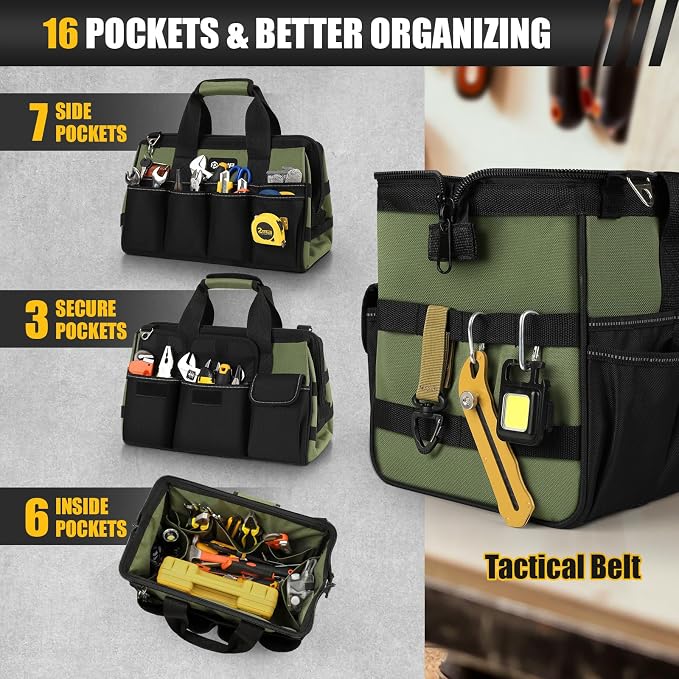 UUP Heavy Duty Tool Bag 15Inch, 16-Pocket Portable Empty Tool Box Organizer | Big Storage Toolbox Organization, Soft Handle Large Zipper Carrying Toolbag, Father Day Gifts for Him Dad Men, Green