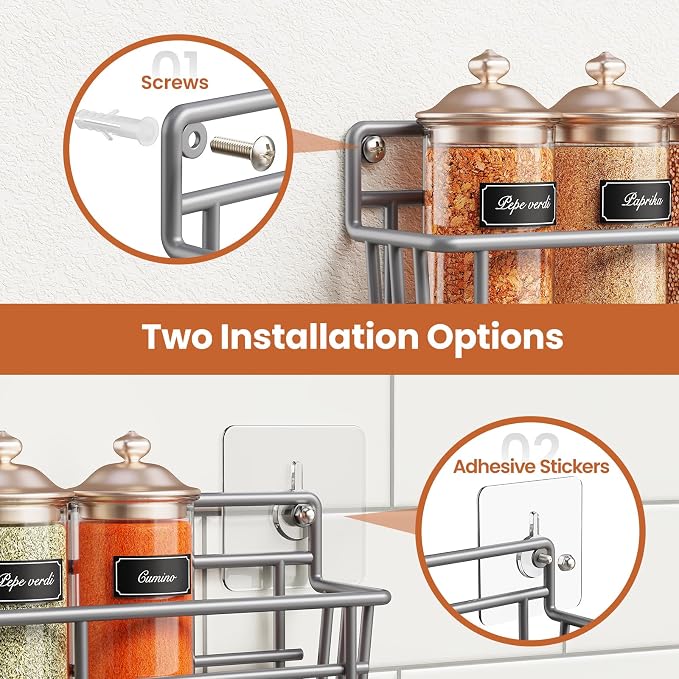 Mystozer 5 Pack Spice Rack Seasoning Organizer Wall Mount, Spice Storage Spice Rack Organizer Pantry Door Organizer Screw or Adhesive Hanging Shelf Basket Spice Organizer Shelf for Kitchen (Gray)