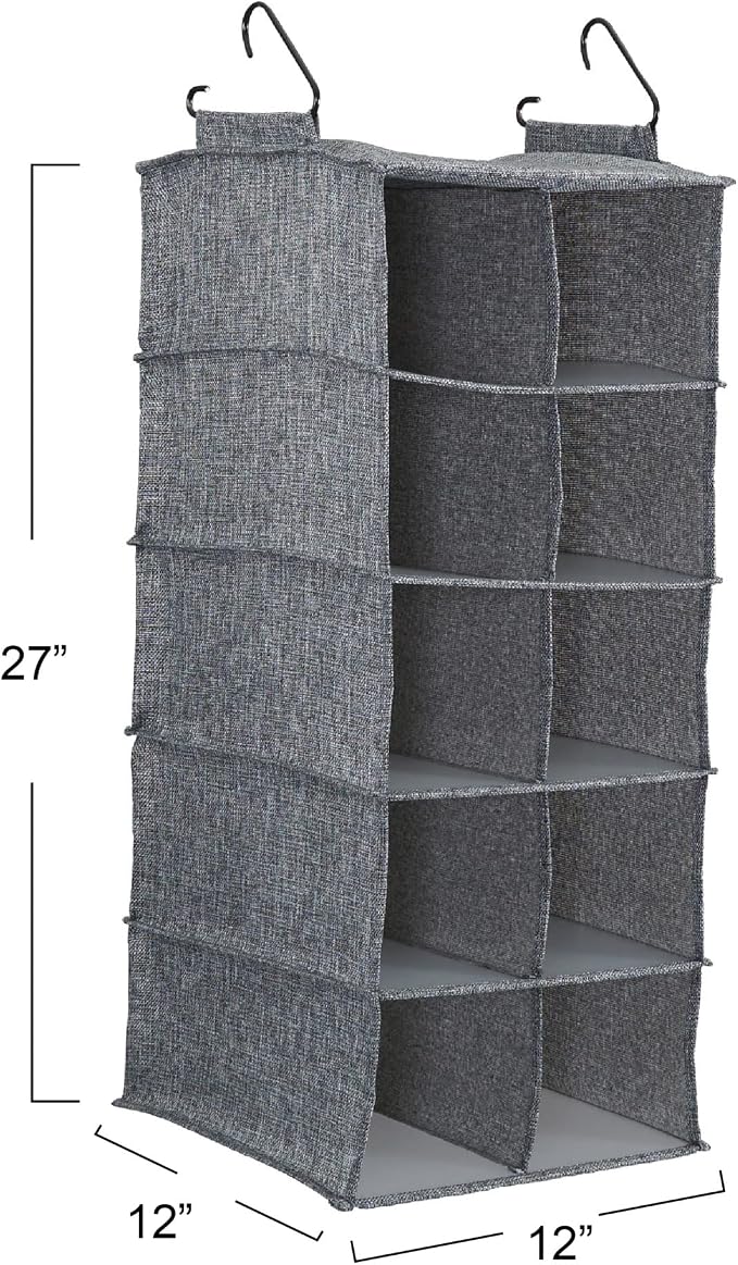 Household Essentials 10 Pocket Double Hang Canvas Shoe Organizer Side‑by‑Side Hanging Storage, Gray