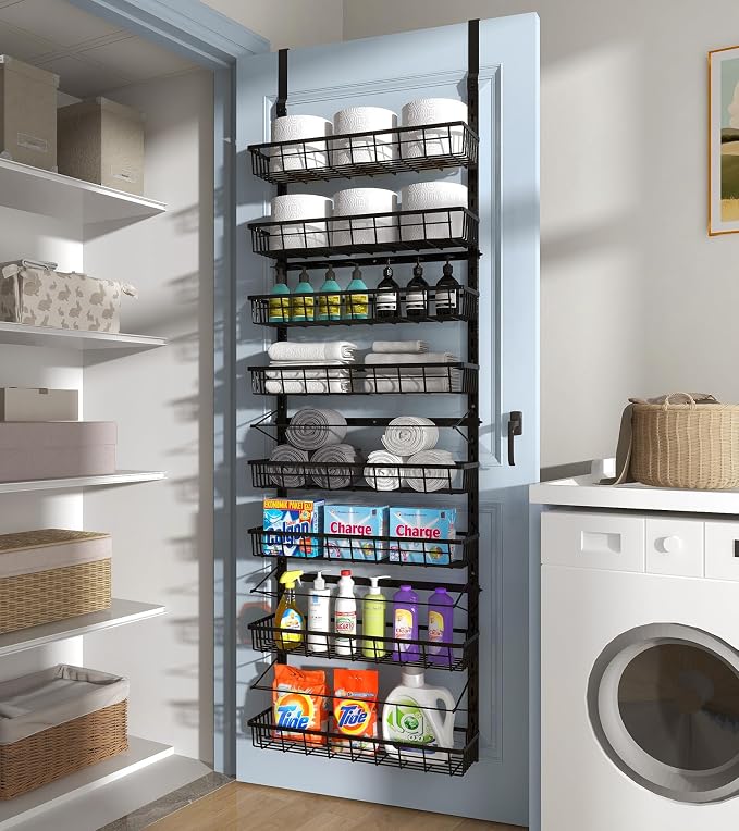 Mefirt Over The Door Pantry Organizer, Wall Mount Spice Rack 8-Tier Black | Pantry Hanging Storage and Organization, Adjustable Baskets Heavy-Duty Metal for Home & Kitchen, Back of Door Seasoning Rack