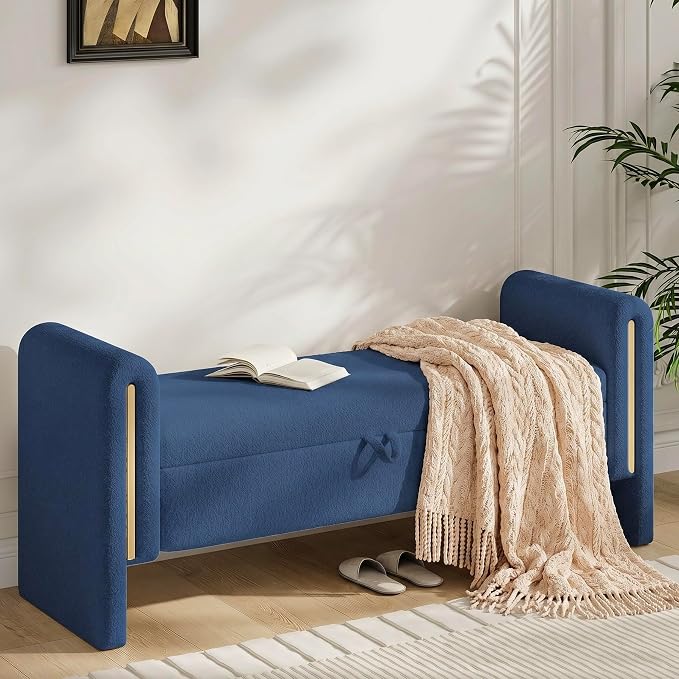 Storage Ottoman Bench, End of Bed Bench with Pull-Ring | 52" Teddy Upholstered, Window Bench with Armrest, Generous Storage, Safety Hinge, Holds 250 LBS, for Bedroom, Navy Blue