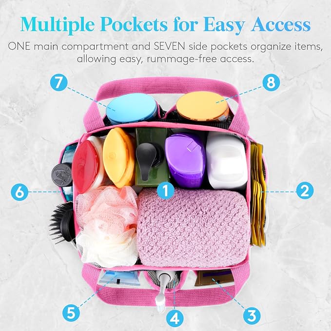 Lifewit Mesh Shower Caddy Portable for College Dorm Room Essentials with 7 Pockets, Freestanding Hanging Organizer Basket, Quick Dry Tote Bag for Camping, Bathroom, Beach, Travel, 1 Pack, Pink