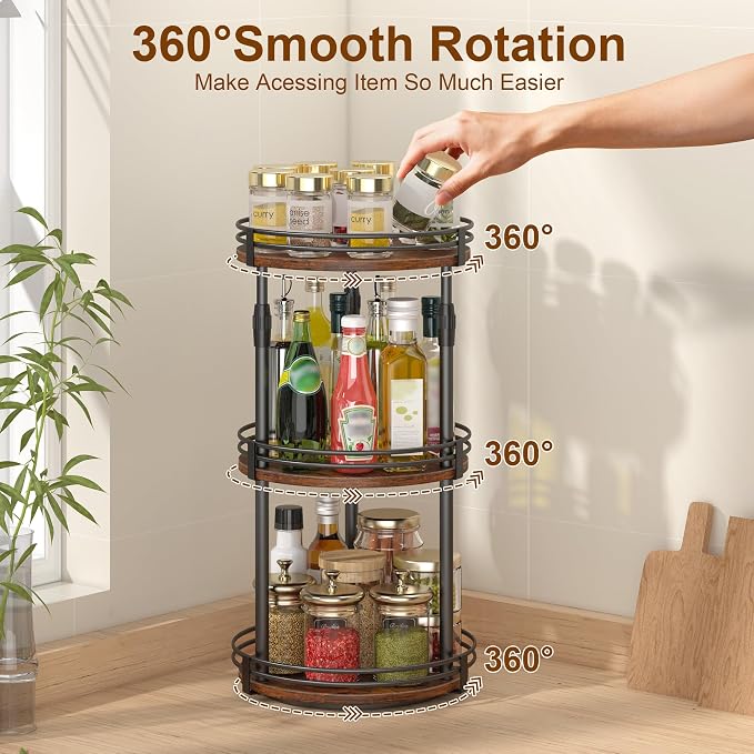 Across-Star Lazy-Susan-Organizer-Spice-Rack, 3-Tier Rotating Spice Organizer For Cabinet Pantry, Seasoning Holder Shelf With Adjustable Height, Kitchen Counter Shelf Countertop Organzier