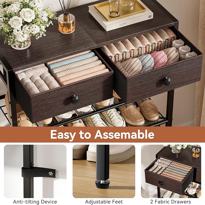 5 Tier Shoe Rack with 2 Drawers, 16-20 Pairs Dark Brown | Holds 16-20 pairs. 2 drawers for socks/keys. Removable layer for boots. Anti-tip kit included. Quick assembly.