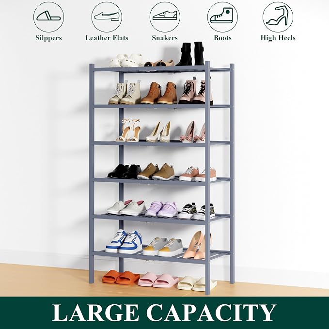 Smiry Bamboo Shoe Rack, 14 Vertical Slats, 6 Tier - 26.8" Wide, Grey | Stackable Free Standing Wooden Shoe Organizer, Wood Shoe Storage Shelf for Closet, Entryway, Thicher Leg