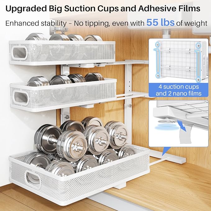 Under Sink Organizer, 3-Tier Thickened Metal Pull out Cabinet Organizer Shelf, Height Adjustable Slide out Storage Drawer Rack for Kitchen Bathroom Pantry Laundry Home Organization, 2-Pack, White | 35% Extra Storage Capacity, Carbon Steel, Hold Up 55lb...