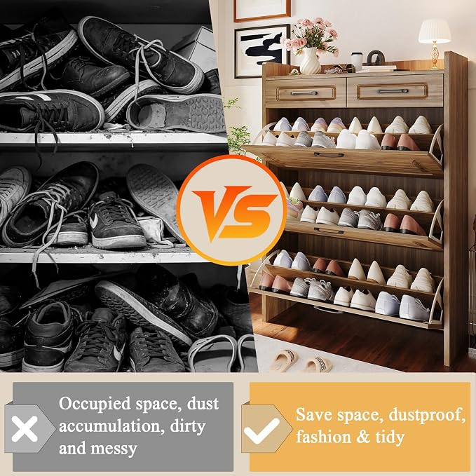 ODUWA Shoe Cabinet with 3 Flip Drawers and 2 Storage Drawers, Shoes Organizer Cabinets with Adjustable Divider, Hidden Shoe Rack Shoe Storage Cabinet for Entryway, Hallway, Walnut